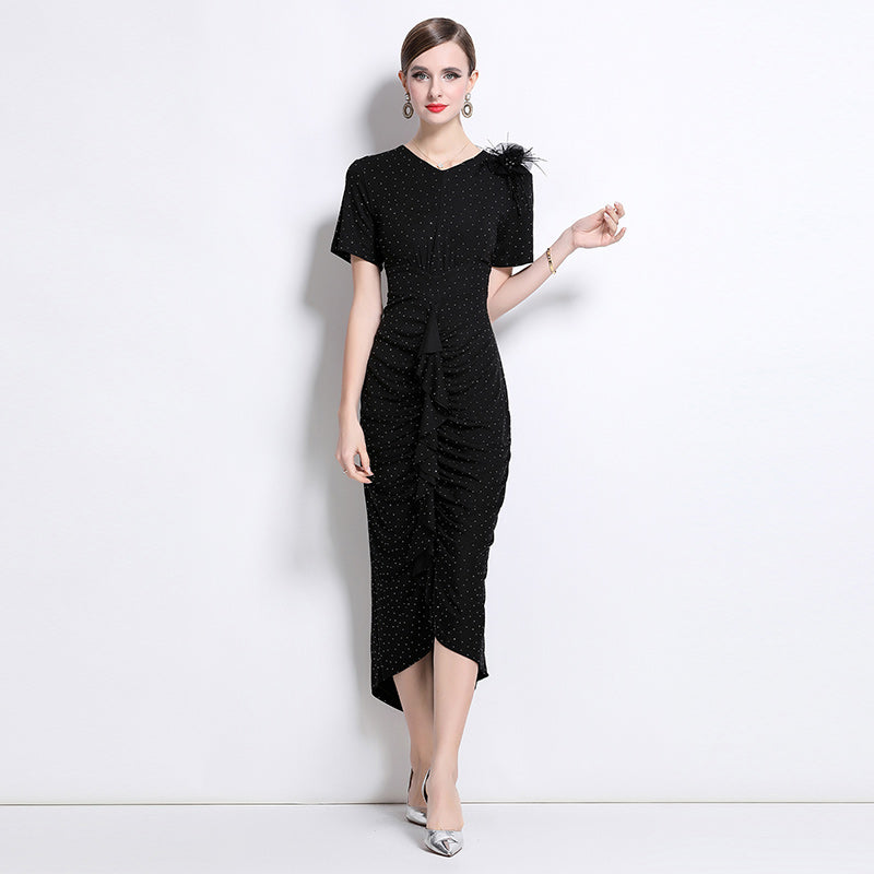CM-DY043079 Women Elegant European Style V-Neck Short Sleeve Sequins Decor Pinched Waist Dress - Black