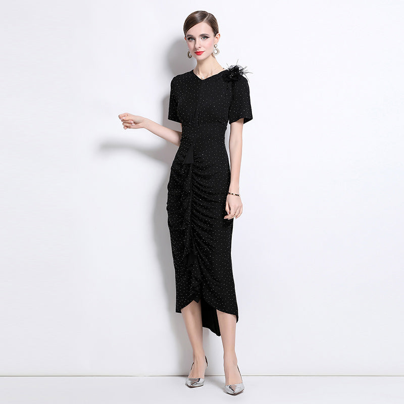 CM-DY043079 Women Elegant European Style V-Neck Short Sleeve Sequins Decor Pinched Waist Dress - Black