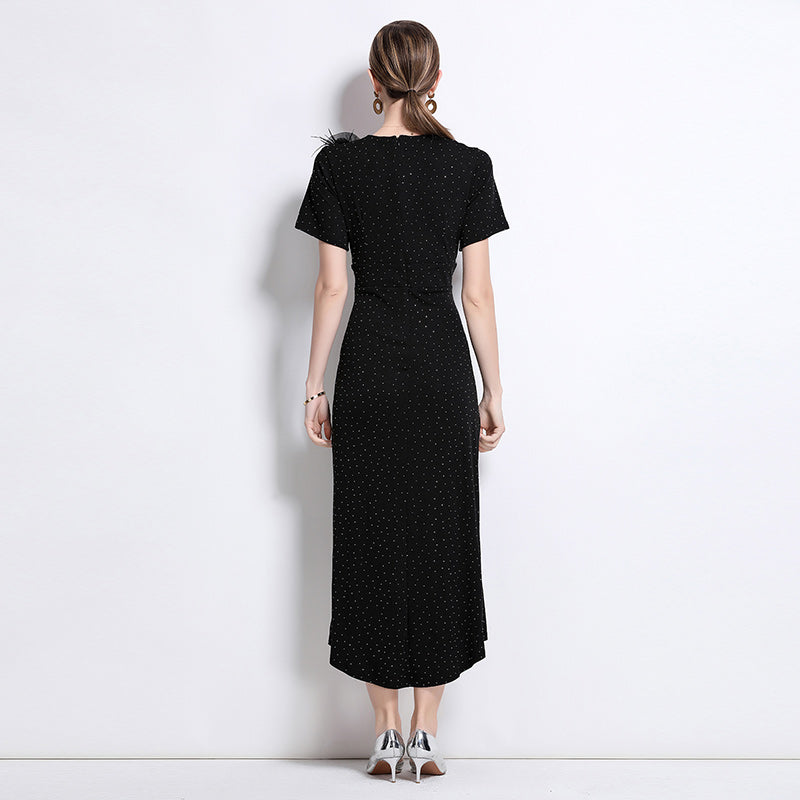 CM-DY043079 Women Elegant European Style V-Neck Short Sleeve Sequins Decor Pinched Waist Dress - Black