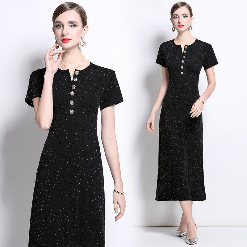 CM-DY043081 Women Elegant European Style Round Neck Shortc Sleeve Pinched Waist Slim Dress - Black