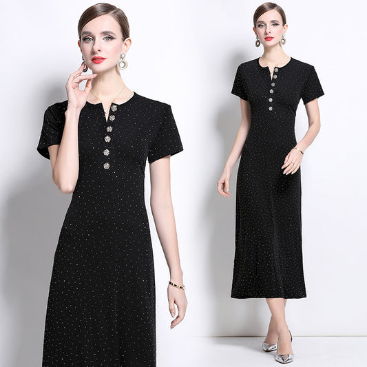 CM-DY043081 Women Elegant European Style Round Neck Shortc Sleeve Pinched Waist Slim Dress - Black