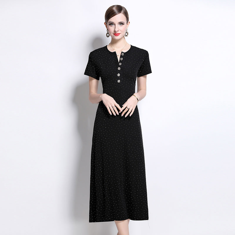 CM-DY043081 Women Elegant European Style Round Neck Shortc Sleeve Pinched Waist Slim Dress - Black