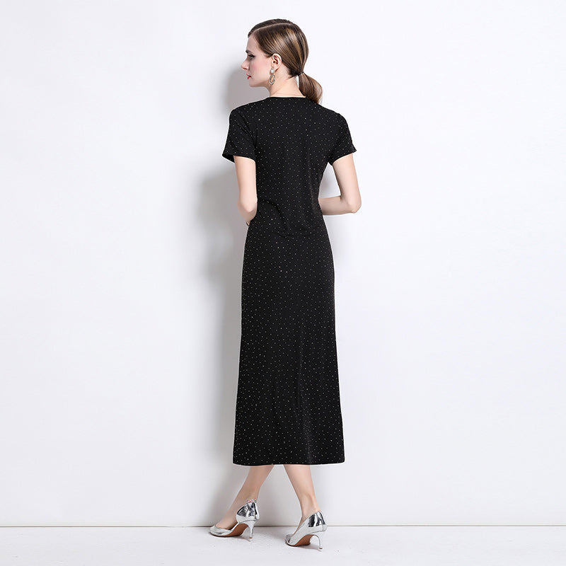 CM-DY043081 Women Elegant European Style Round Neck Shortc Sleeve Pinched Waist Slim Dress - Black