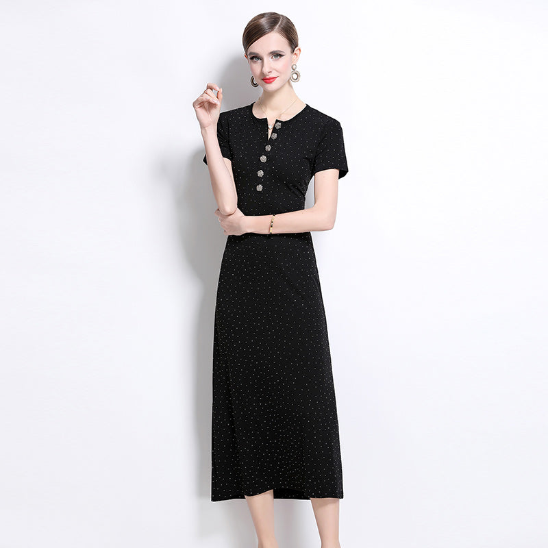 CM-DY043081 Women Elegant European Style Round Neck Shortc Sleeve Pinched Waist Slim Dress - Black