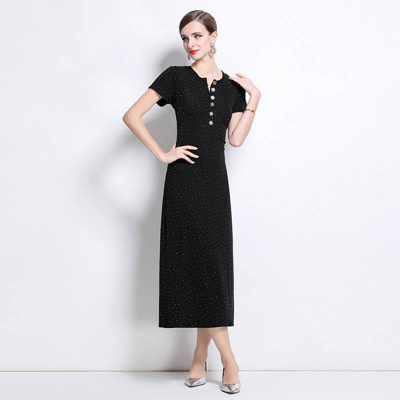 CM-DY043081 Women Elegant European Style Round Neck Shortc Sleeve Pinched Waist Slim Dress - Black