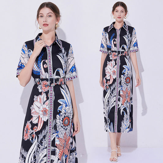 CM-DY043083 Women Elegant Seoul Style Collar Neckline Short Sleeve Pinched Waist Belted Dress - Black