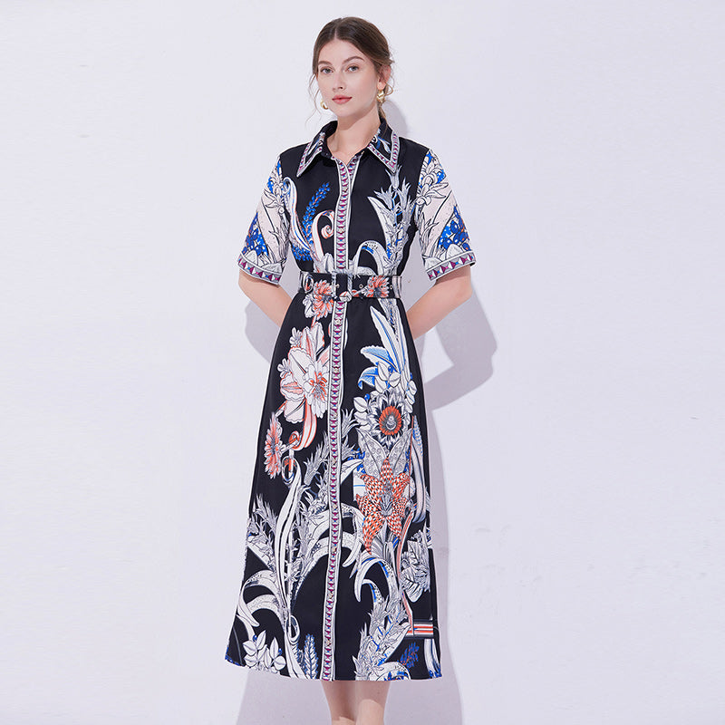 CM-DY043083 Women Elegant Seoul Style Collar Neckline Short Sleeve Pinched Waist Belted Dress - Black