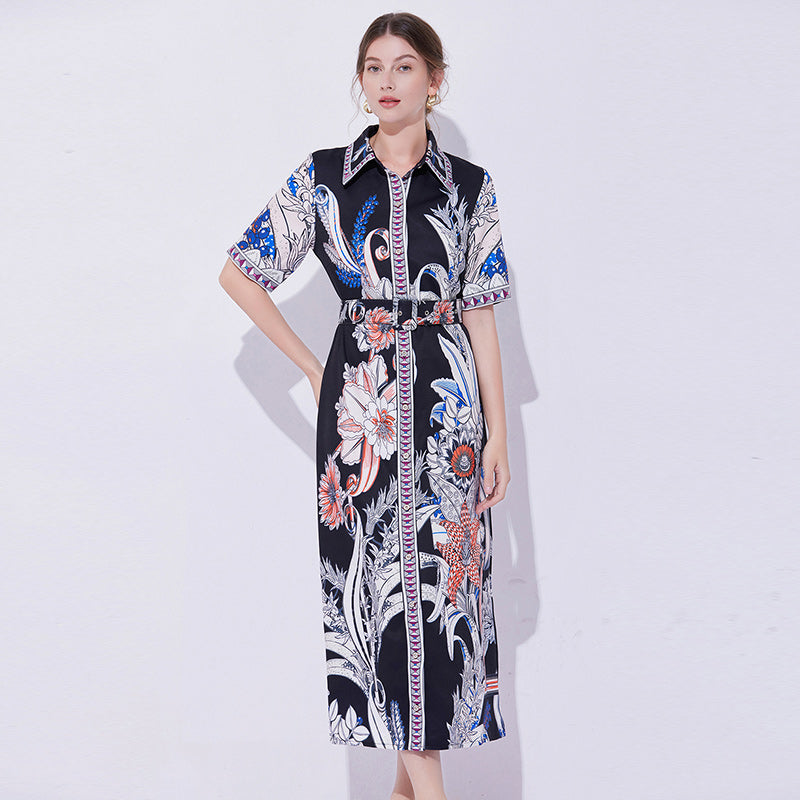 CM-DY043083 Women Elegant Seoul Style Collar Neckline Short Sleeve Pinched Waist Belted Dress - Black