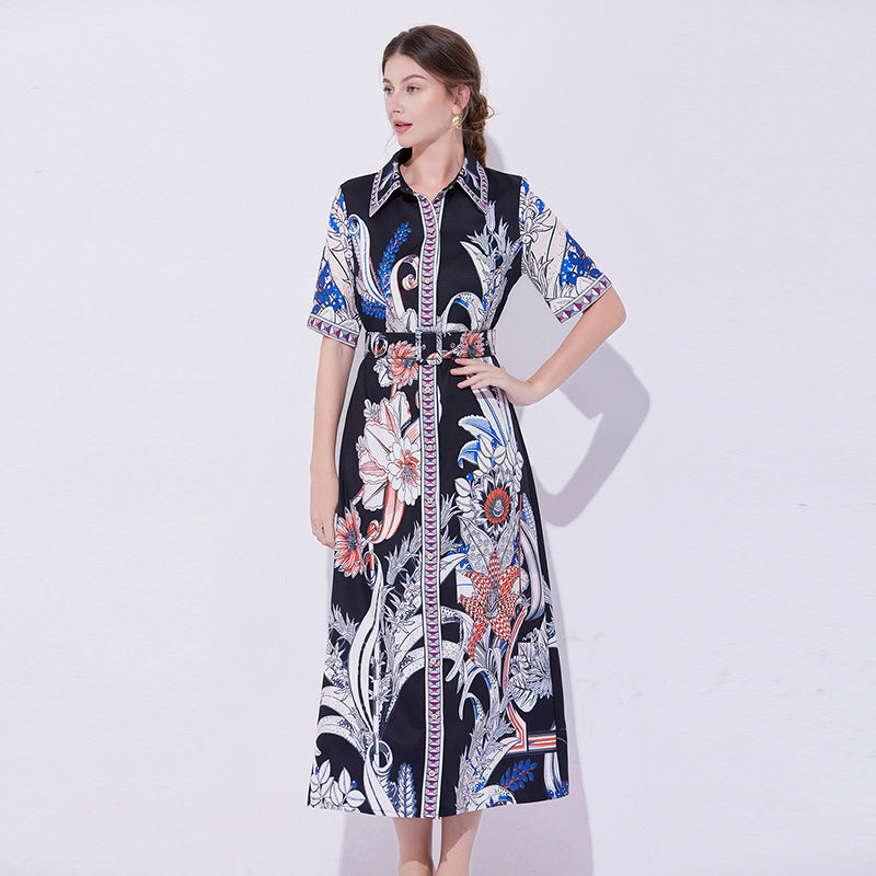 CM-DY043083 Women Elegant Seoul Style Collar Neckline Short Sleeve Pinched Waist Belted Dress - Black