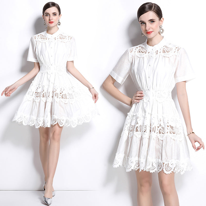 CM-DY043084 Women Elegant European Style Stand Collar Short Sleeve Single-Breasted Mini Dress - White