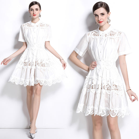 CM-DY043084 Women Elegant European Style Stand Collar Short Sleeve Single-Breasted Mini Dress - White