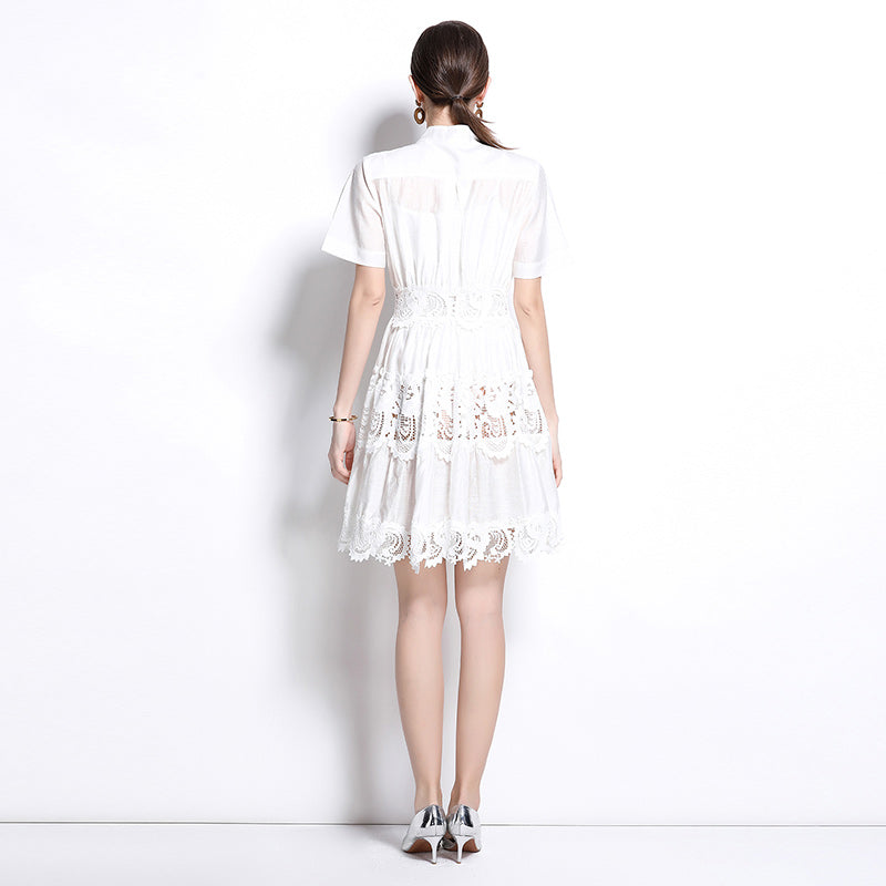 CM-DY043084 Women Elegant European Style Stand Collar Short Sleeve Single-Breasted Mini Dress - White