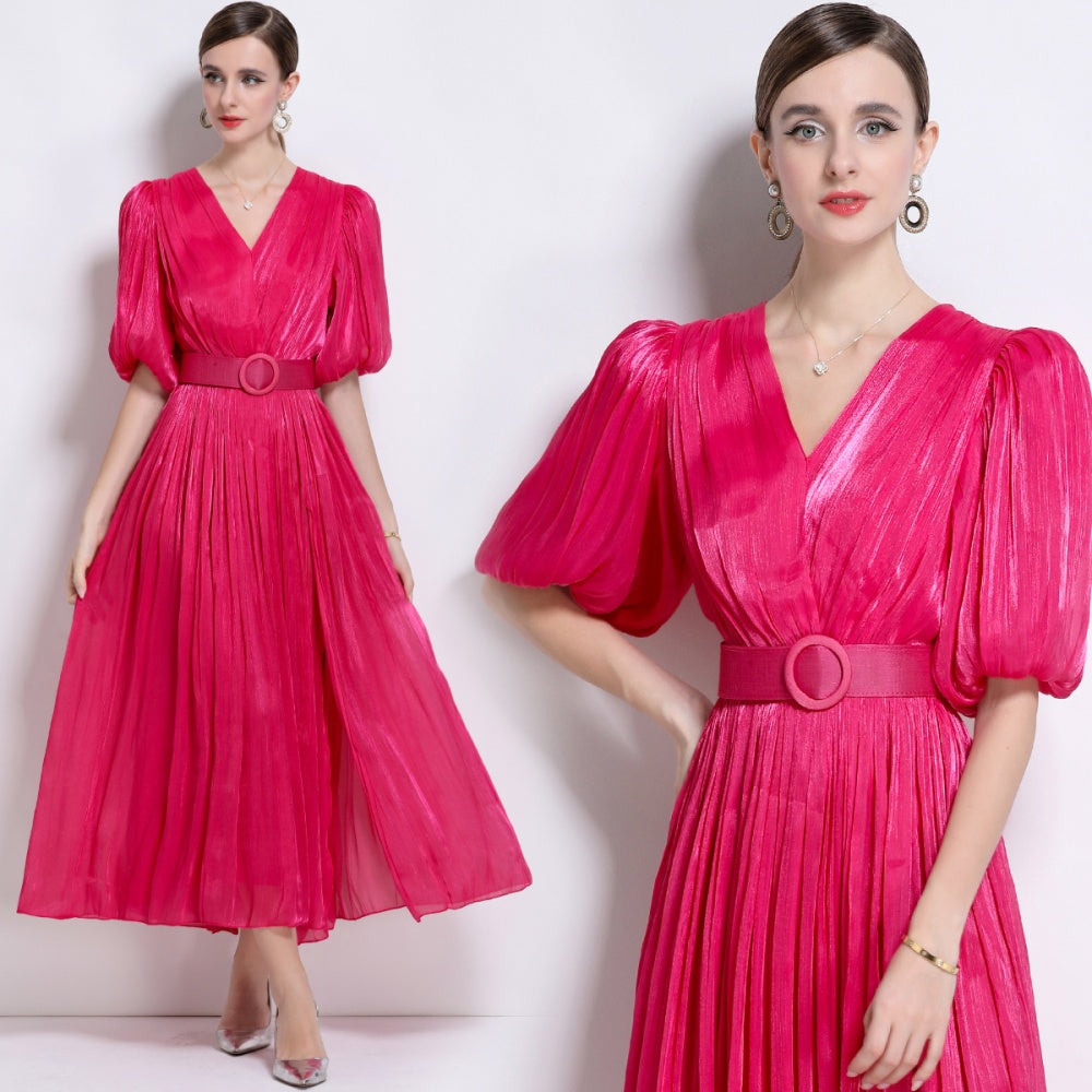 CM-DY043099 Women Elegant European Style V-Neck Puff Sleeve High Waist  Long Dress - Hot Pink
