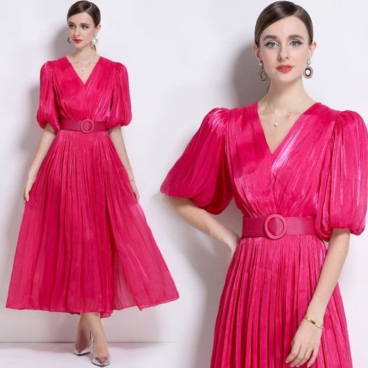CM-DY043099 Women Elegant European Style V-Neck Puff Sleeve High Waist Long Dress - Hot Pink