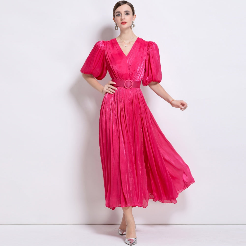 CM-DY043099 Women Elegant European Style V-Neck Puff Sleeve High Waist  Long Dress - Hot Pink