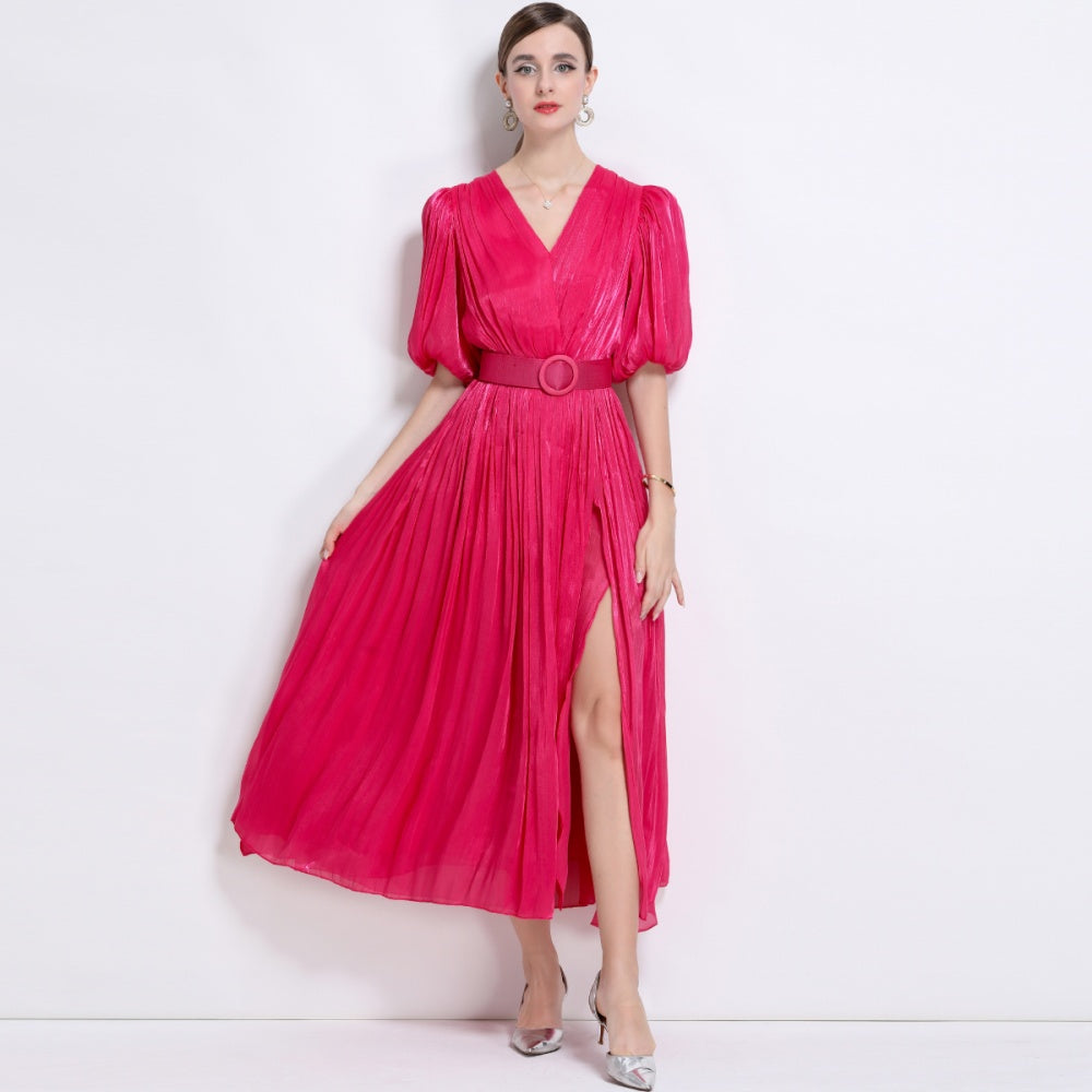 CM-DY043099 Women Elegant European Style V-Neck Puff Sleeve High Waist  Long Dress - Hot Pink