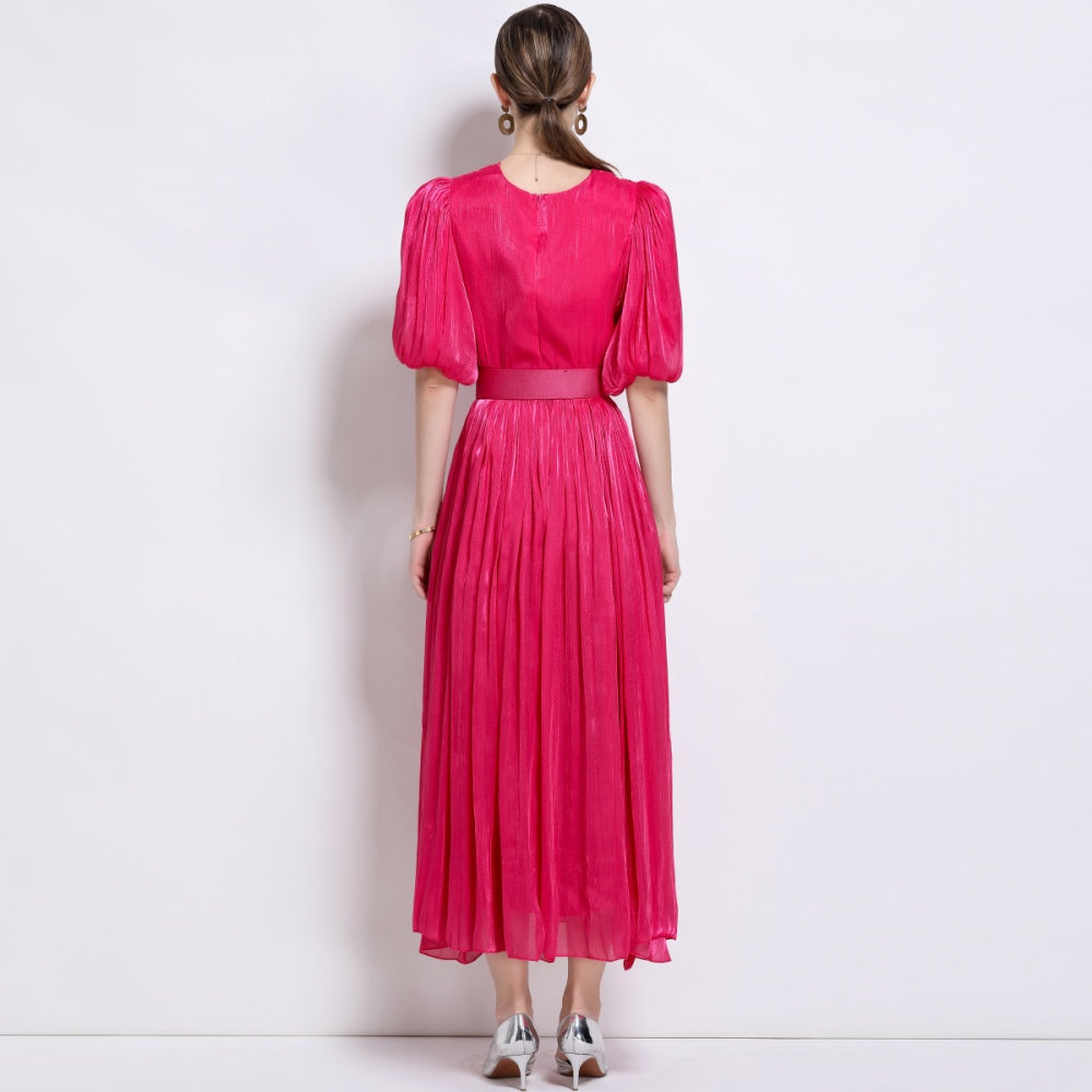 CM-DY043099 Women Elegant European Style V-Neck Puff Sleeve High Waist  Long Dress - Hot Pink