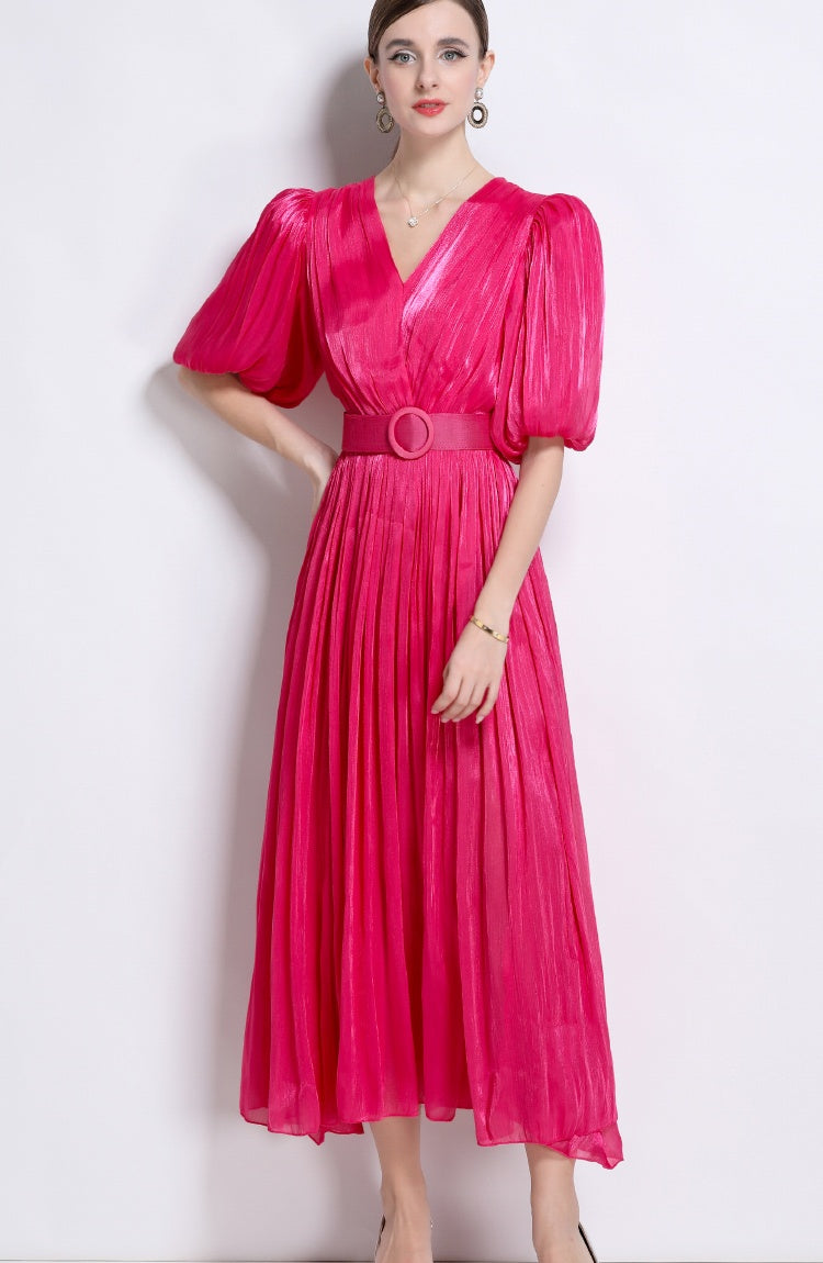 CM-DY043099 Women Elegant European Style V-Neck Puff Sleeve High Waist  Long Dress - Hot Pink