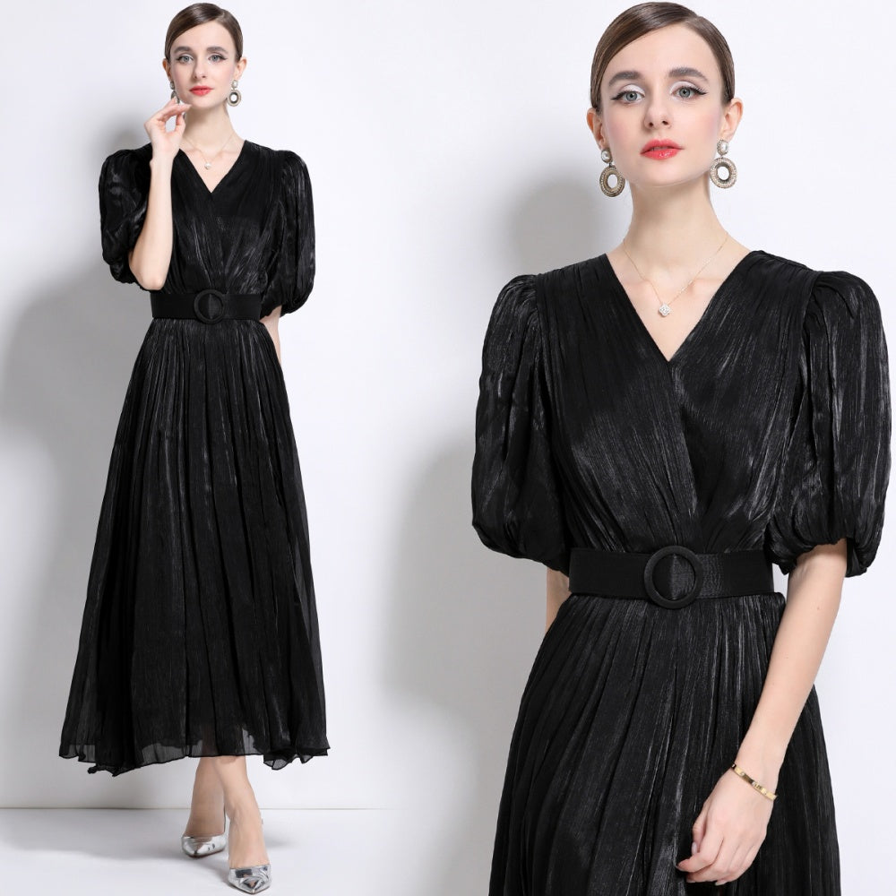 CM-DY043100 Women Elegant European Style V-Neck Puff Sleeve High Waist  Long Dress - Black