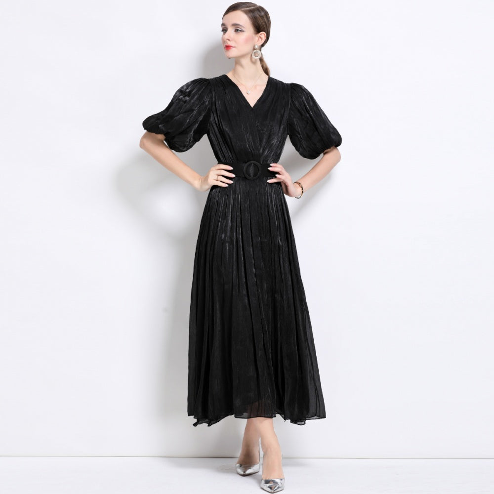 CM-DY043100 Women Elegant European Style V-Neck Puff Sleeve High Waist  Long Dress - Black