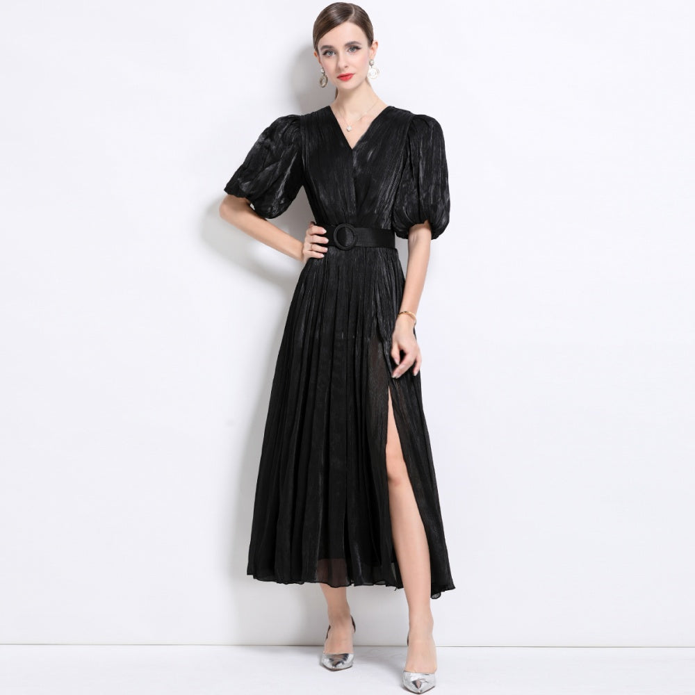 CM-DY043100 Women Elegant European Style V-Neck Puff Sleeve High Waist  Long Dress - Black