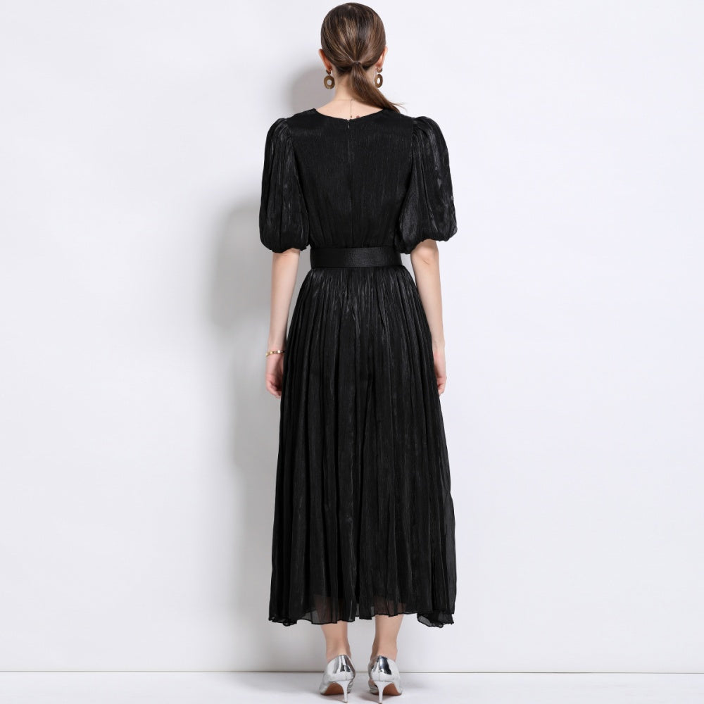 CM-DY043100 Women Elegant European Style V-Neck Puff Sleeve High Waist  Long Dress - Black