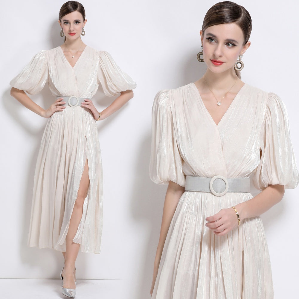 CM-DY043101 Women Elegant European Style V-Neck Puff Sleeve High Waist  Long Dress - Apricot