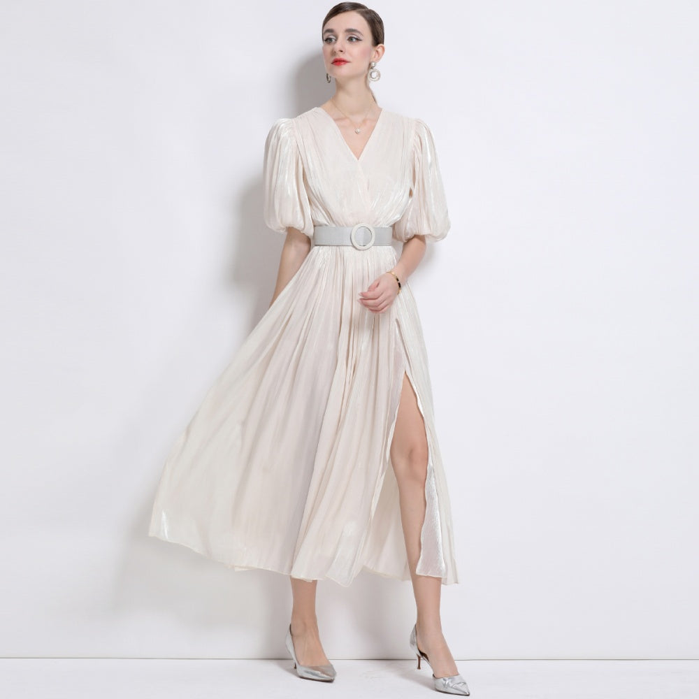 CM-DY043101 Women Elegant European Style V-Neck Puff Sleeve High Waist  Long Dress - Apricot