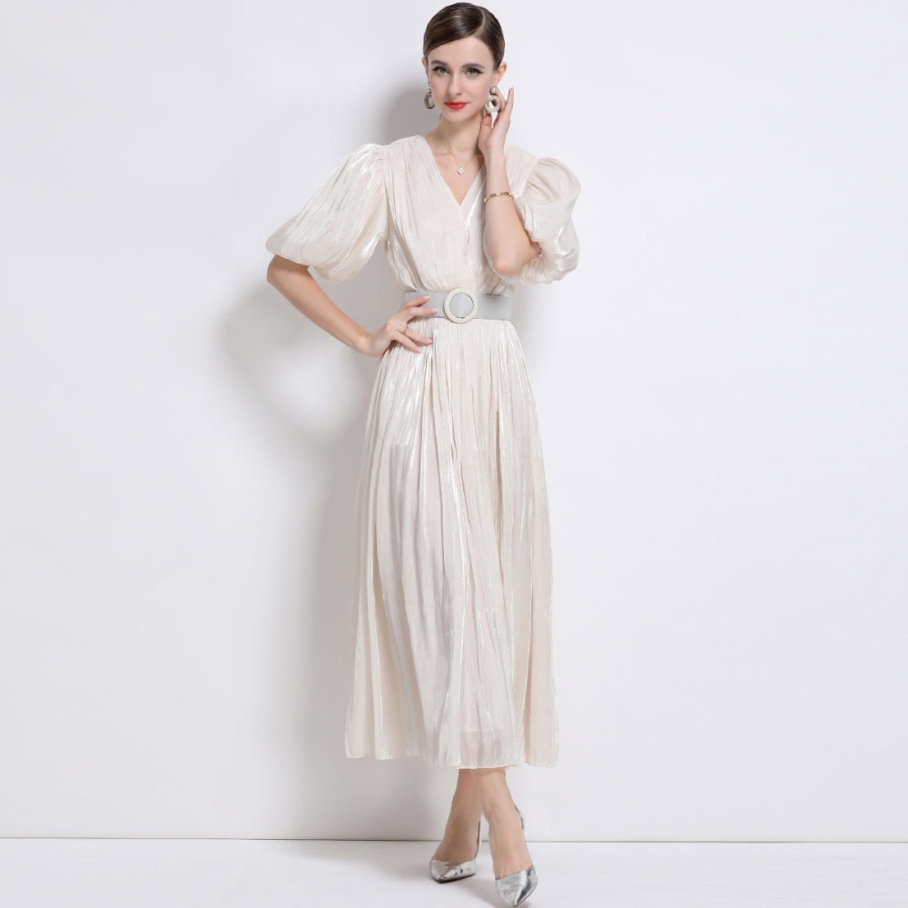CM-DY043101 Women Elegant European Style V-Neck Puff Sleeve High Waist  Long Dress - Apricot