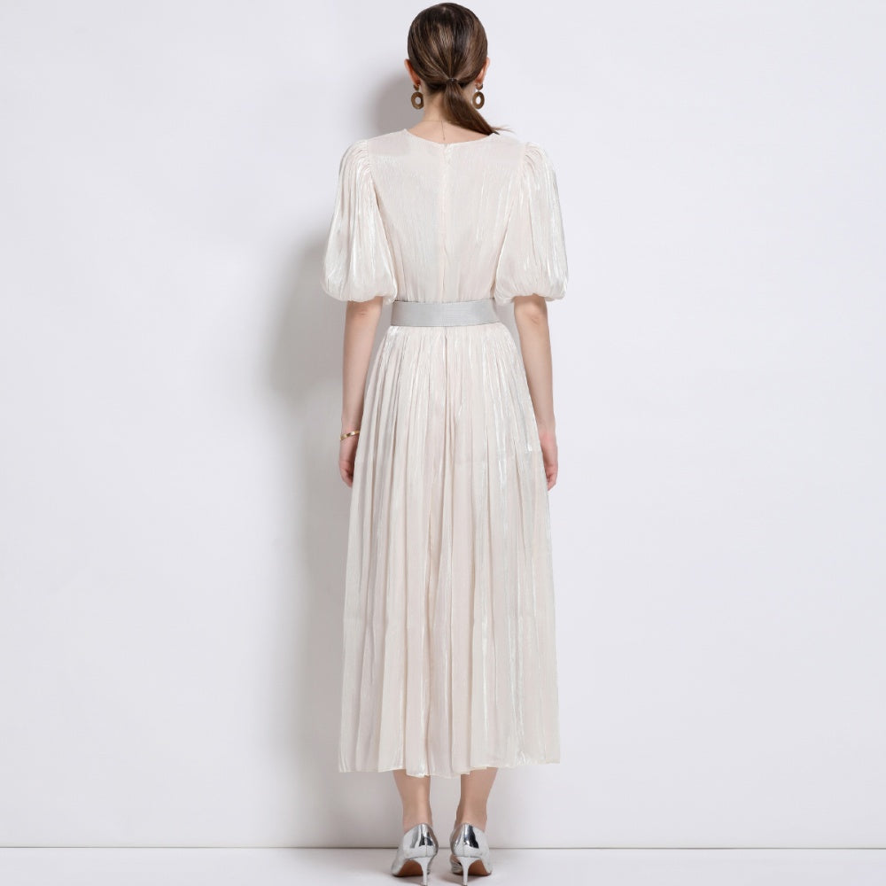 CM-DY043101 Women Elegant European Style V-Neck Puff Sleeve High Waist  Long Dress - Apricot