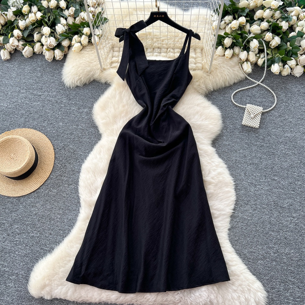 CM-DY043111 Women Elegant European Style Bow Decor Sleeveless Pinched Waist Maxi Dress - Black