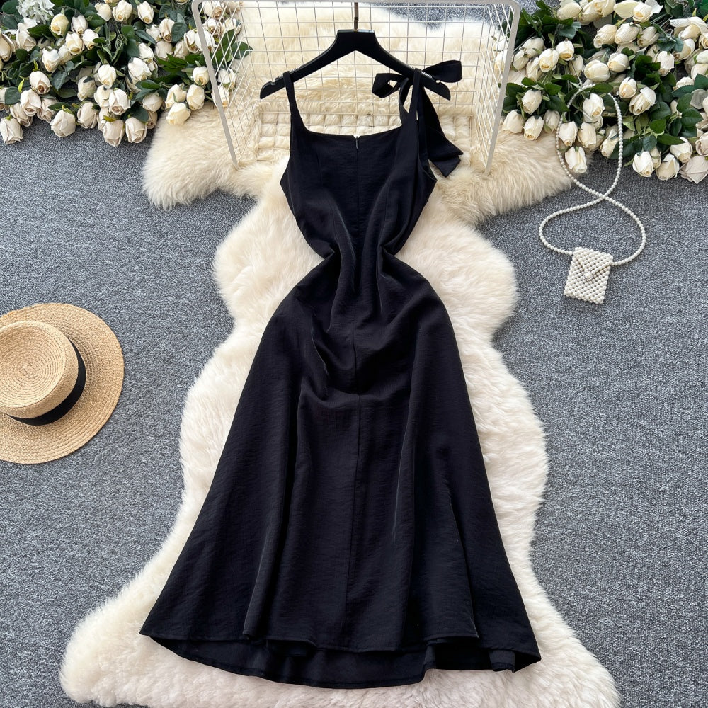CM-DY043111 Women Elegant European Style Bow Decor Sleeveless Pinched Waist Maxi Dress - Black