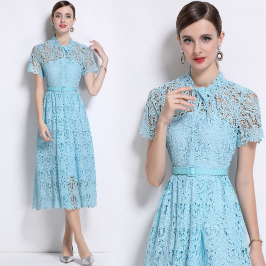 CM-DY043120 Women Elegant European Style Lace Round Neck Short Sleeve Mid-Length Dress - Blue
