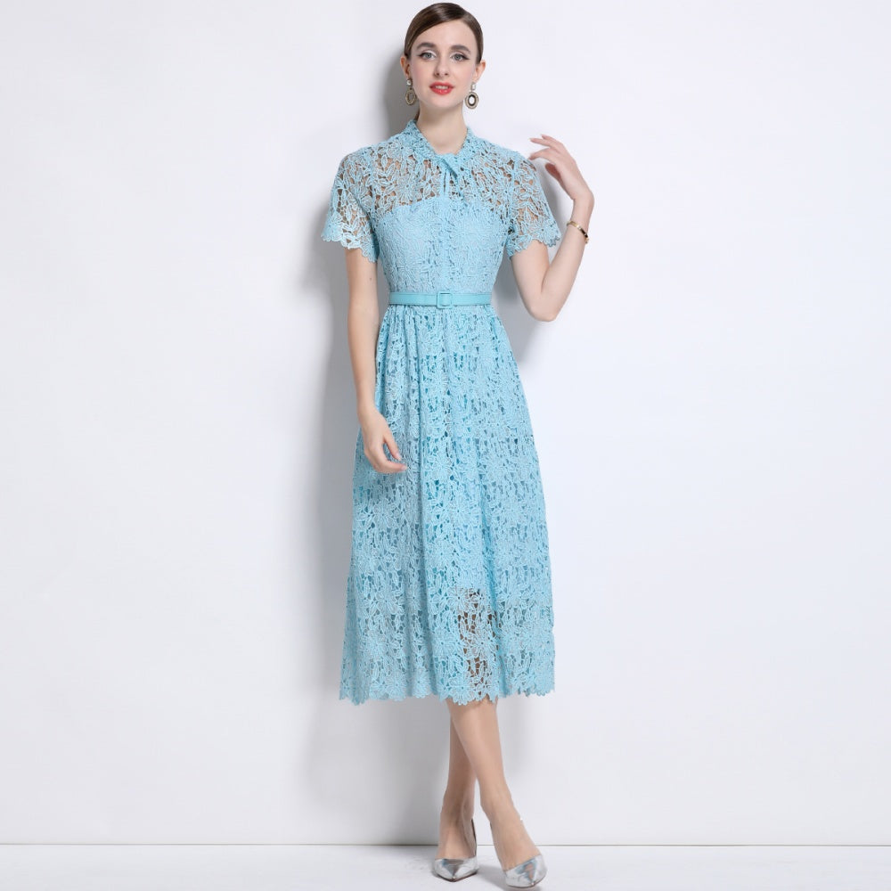 CM-DY043120 Women Elegant European Style Lace Round Neck Short Sleeve Mid-Length Dress - Blue