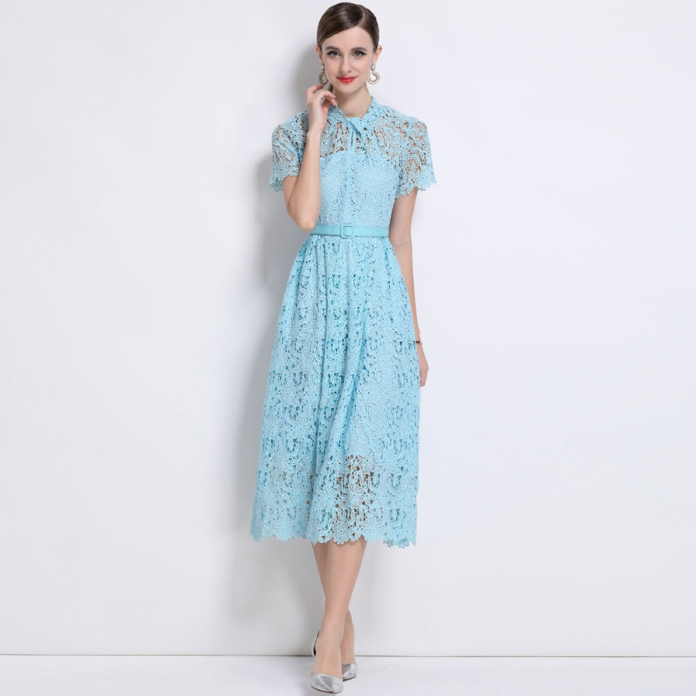 CM-DY043120 Women Elegant European Style Lace Round Neck Short Sleeve Mid-Length Dress - Blue