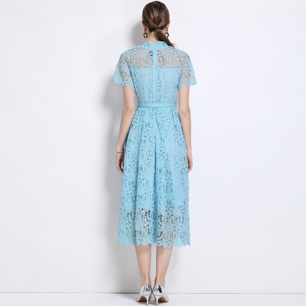 CM-DY043120 Women Elegant European Style Lace Round Neck Short Sleeve Mid-Length Dress - Blue
