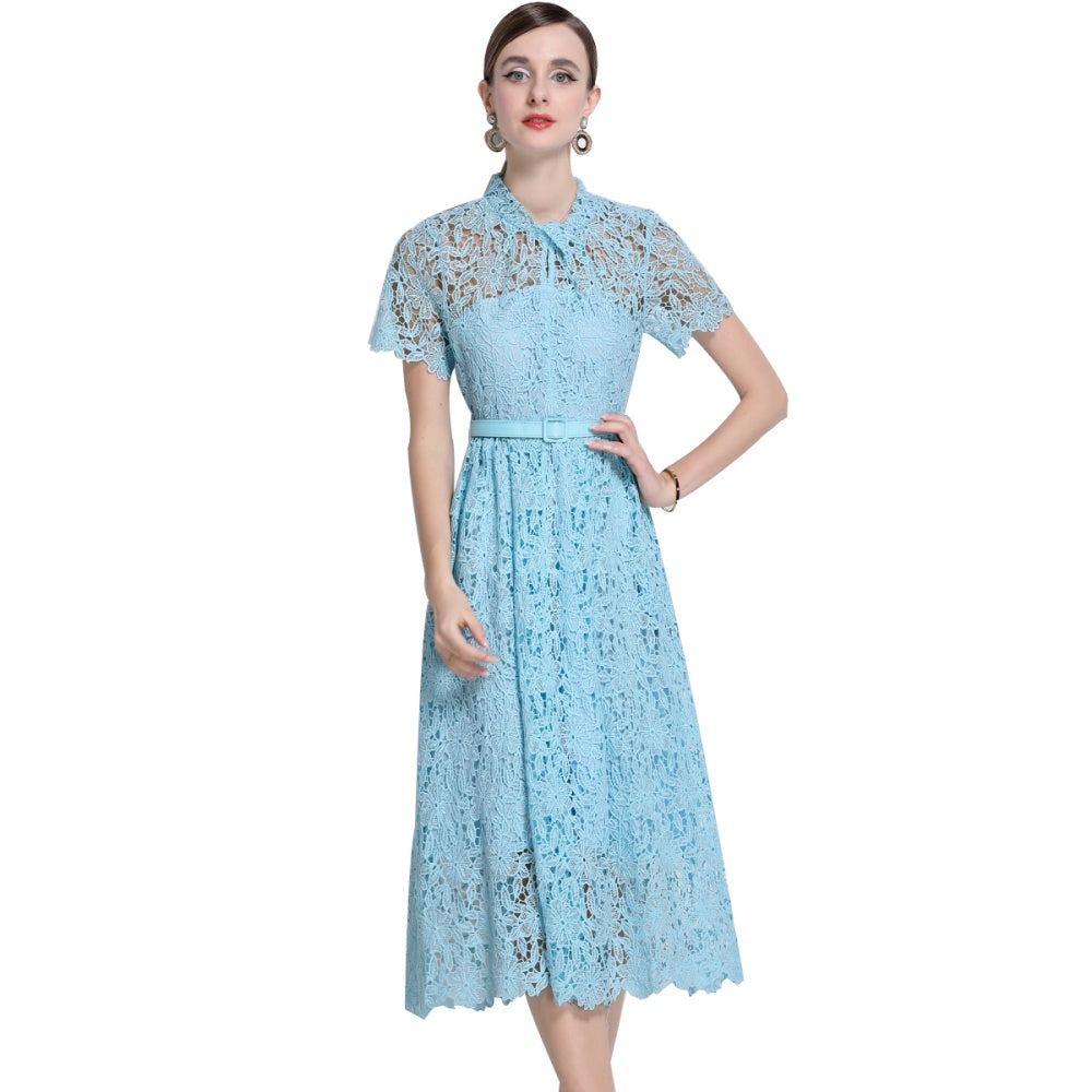 CM-DY043120 Women Elegant European Style Lace Round Neck Short Sleeve Mid-Length Dress - Blue