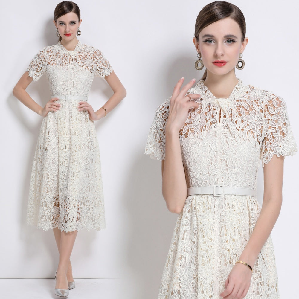 CM-DY043121 Women Elegant European Style Lace Round Neck Short Sleeve Mid-Length Dress - Apricot