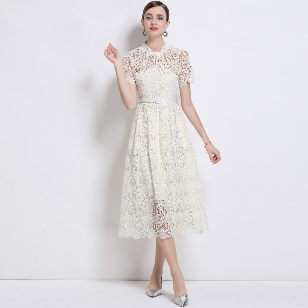 CM-DY043121 Women Elegant European Style Lace Round Neck Short Sleeve Mid-Length Dress - Apricot