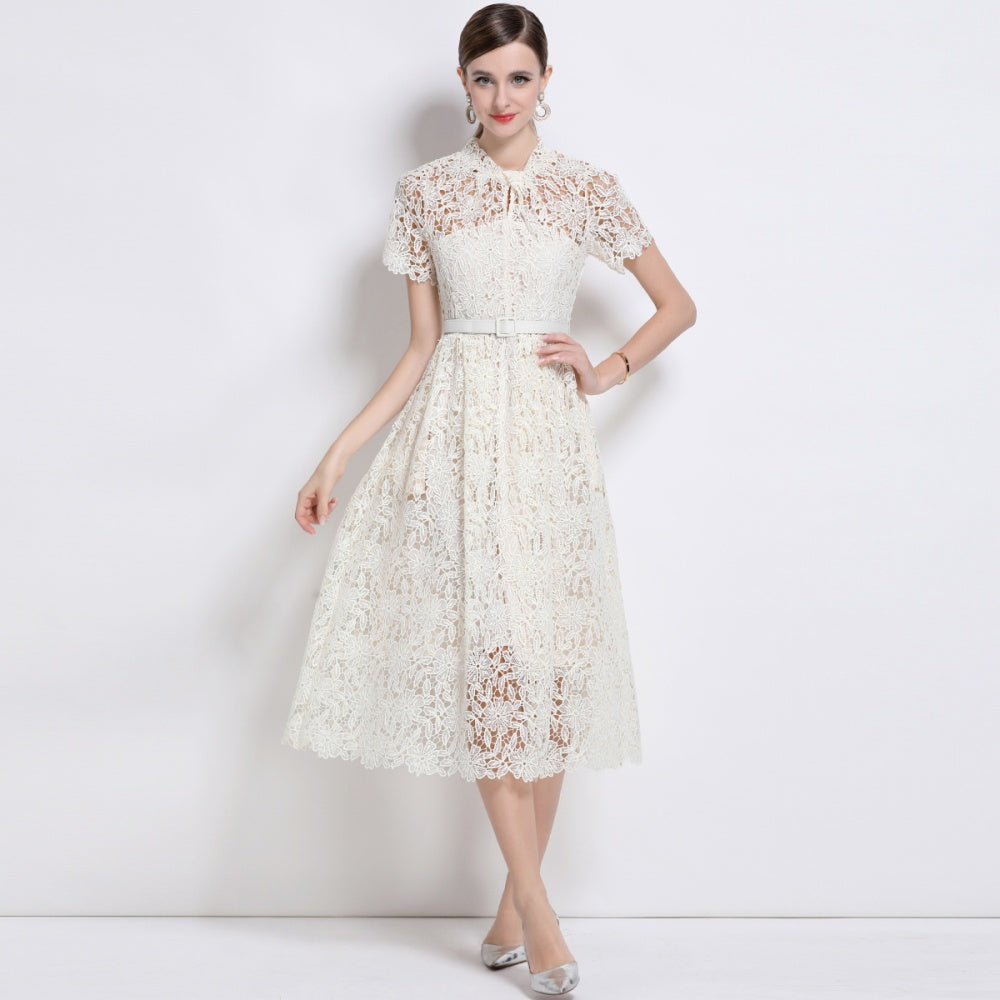 CM-DY043121 Women Elegant European Style Lace Round Neck Short Sleeve Mid-Length Dress - Apricot