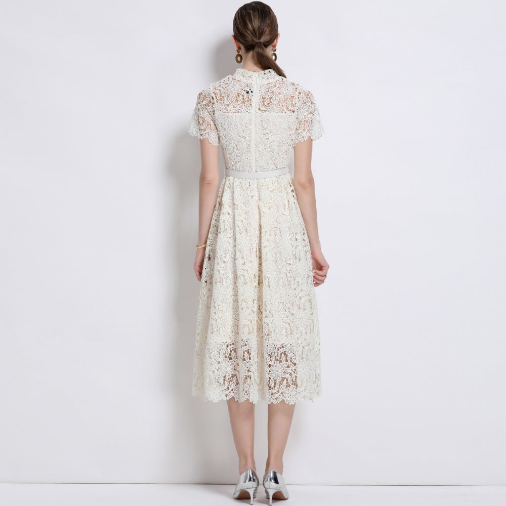 CM-DY043121 Women Elegant European Style Lace Round Neck Short Sleeve Mid-Length Dress - Apricot
