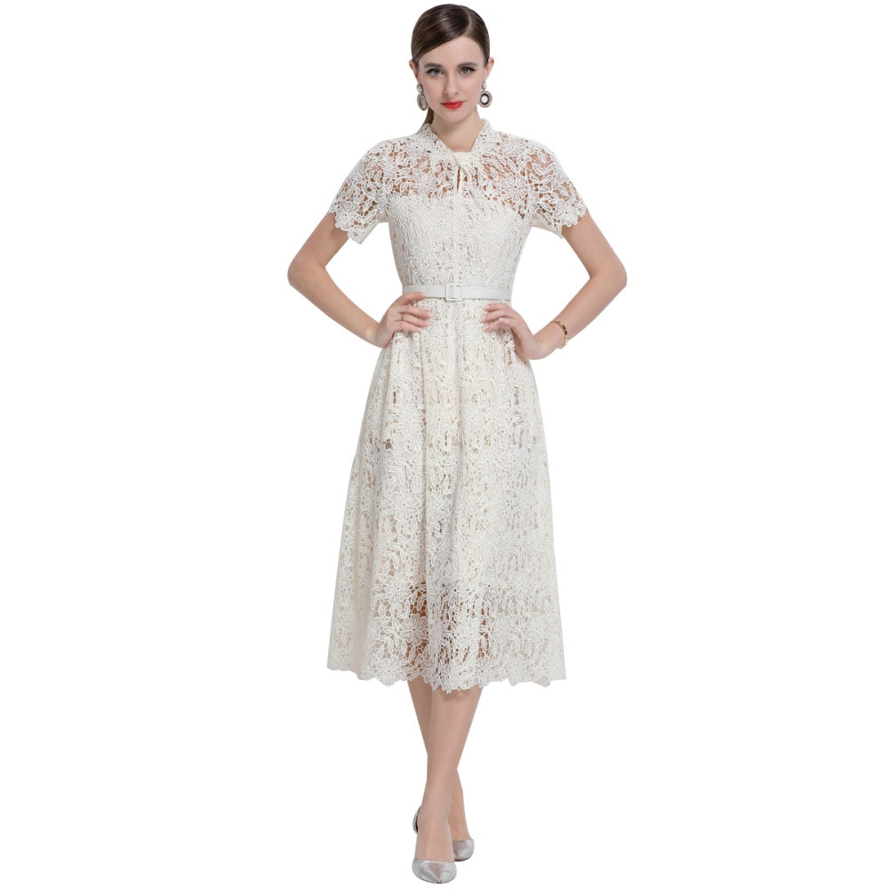 CM-DY043121 Women Elegant European Style Lace Round Neck Short Sleeve Mid-Length Dress - Apricot
