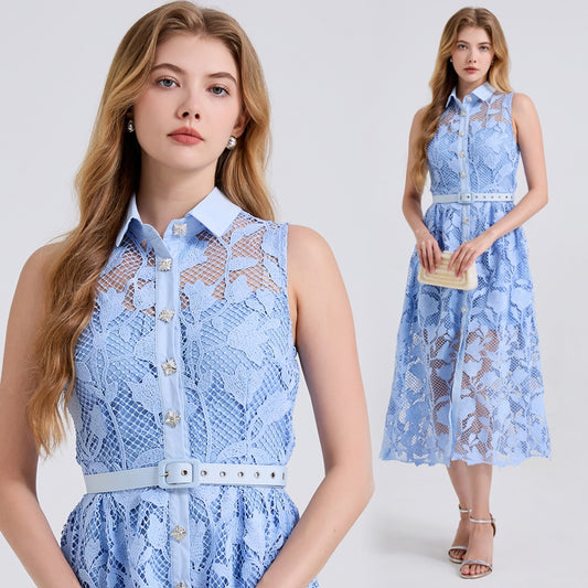CM-DY043122 Women Elegant European Style Collar Neckline Sleeveless Pinched Waist Midi Dress - Blue