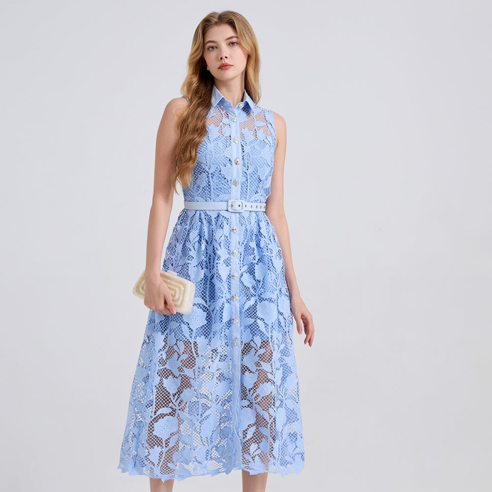 CM-DY043122 Women Elegant European Style Collar Neckline Sleeveless Pinched Waist Midi Dress - Blue