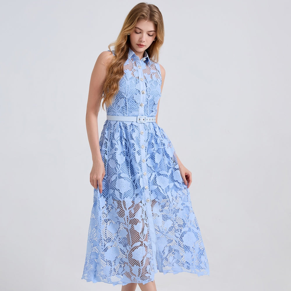 CM-DY043122 Women Elegant European Style Collar Neckline Sleeveless Pinched Waist Midi Dress - Blue