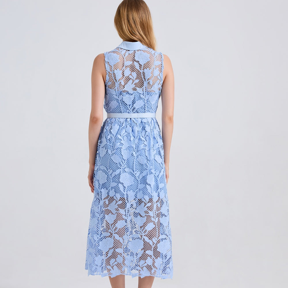 CM-DY043122 Women Elegant European Style Collar Neckline Sleeveless Pinched Waist Midi Dress - Blue