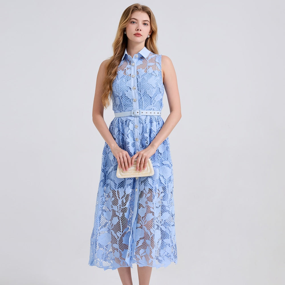 CM-DY043122 Women Elegant European Style Collar Neckline Sleeveless Pinched Waist Midi Dress - Blue