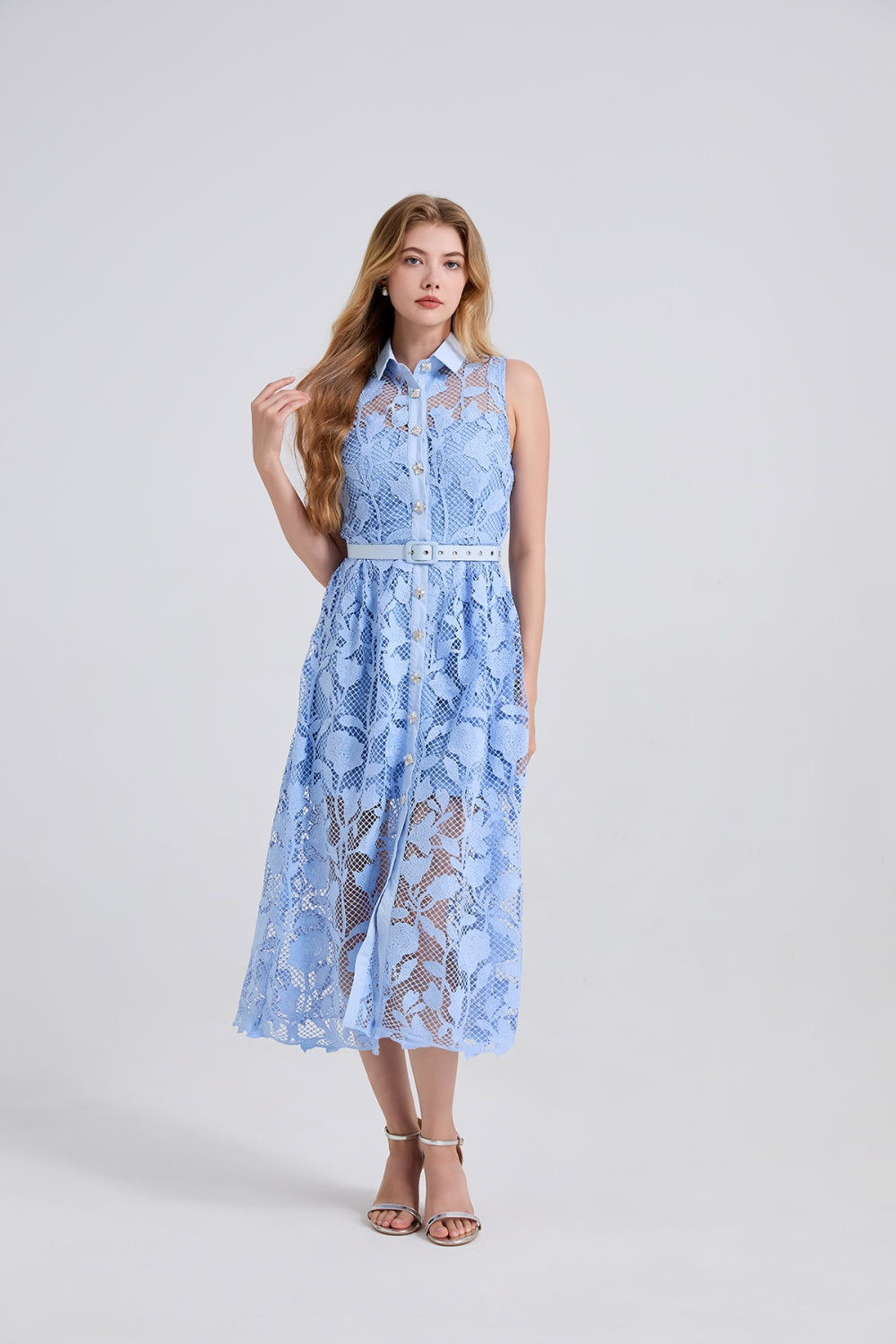 CM-DY043122 Women Elegant European Style Collar Neckline Sleeveless Pinched Waist Midi Dress - Blue