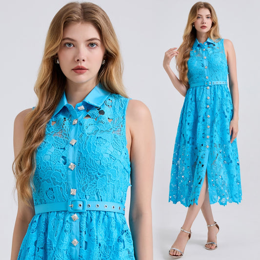 CM-DY043123 Women Elegant European Style Shirt Collar Sleeveless High Waist Slim Dress - Blue