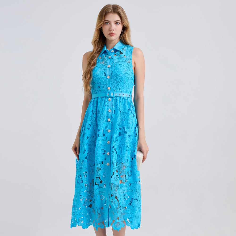 CM-DY043123 Women Elegant European Style Shirt Collar Sleeveless High Waist Slim Dress - Blue